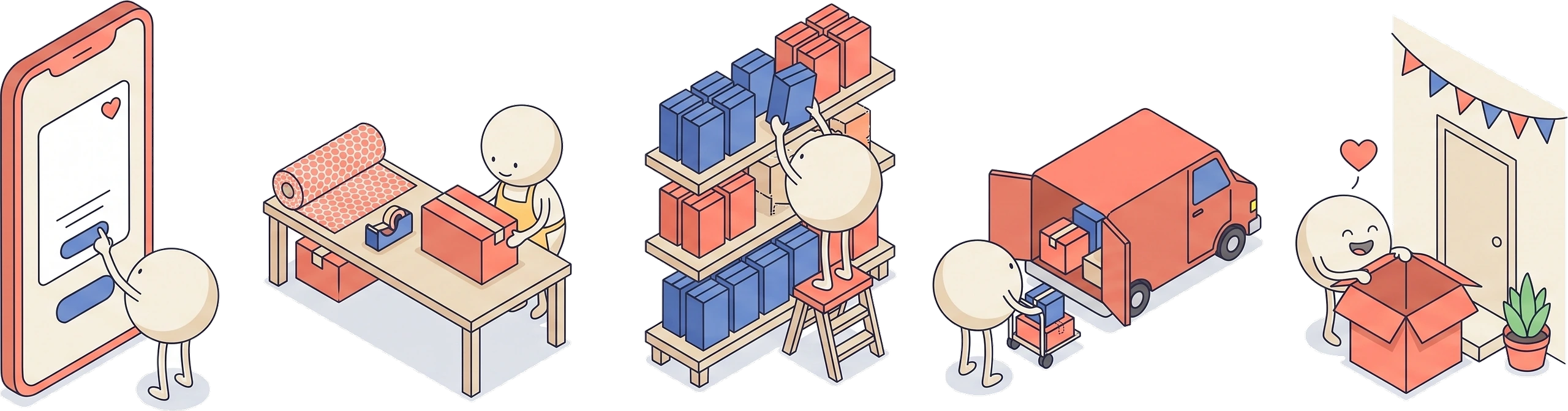 The journey of an online order: tapped on a phone, packed at the bench, picked from the shelves, loaded in the van, opened on a doorstep.