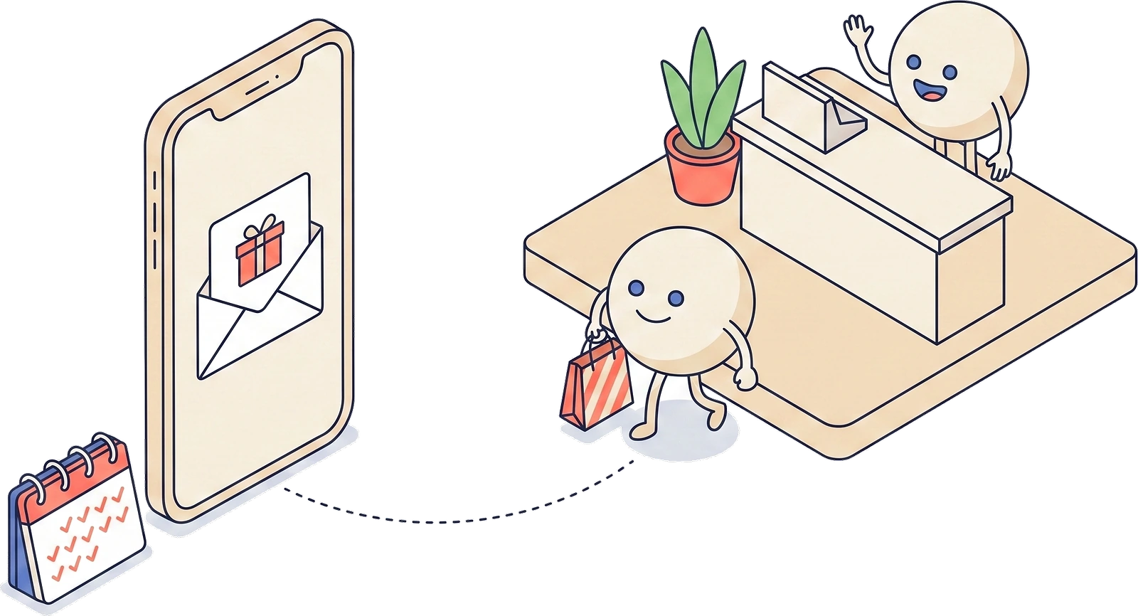 An email bringing a customer happily back to the counter, bag in hand.