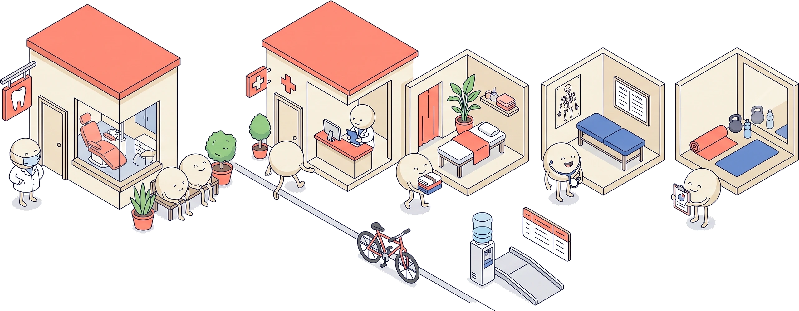 A street of health practices: a dental surgery, a medical clinic, a med spa, a physio room and a fitness studio, with staff in white coats and scrubs and patients arriving.