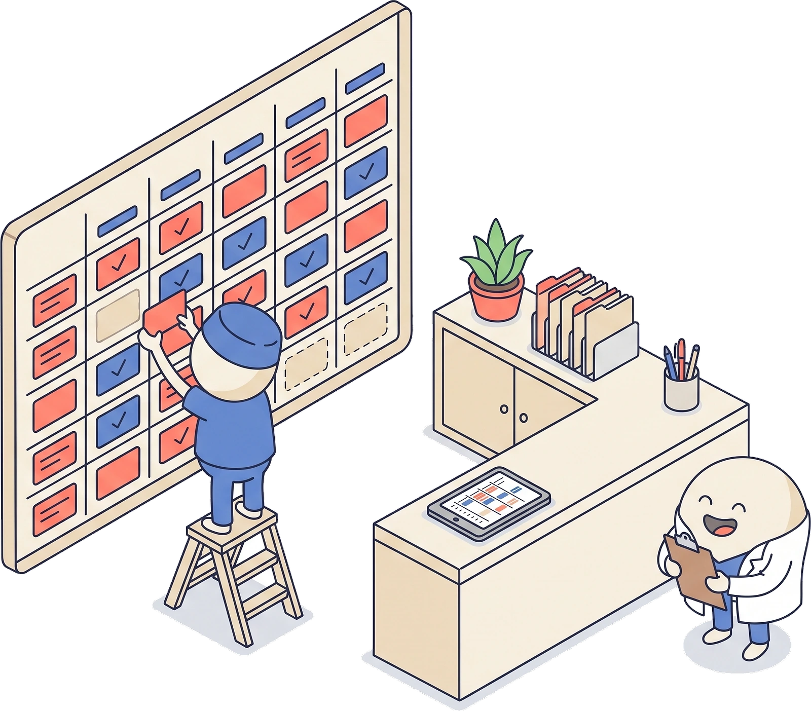 An appointment board with nearly every slot filled and reception placing the last card.