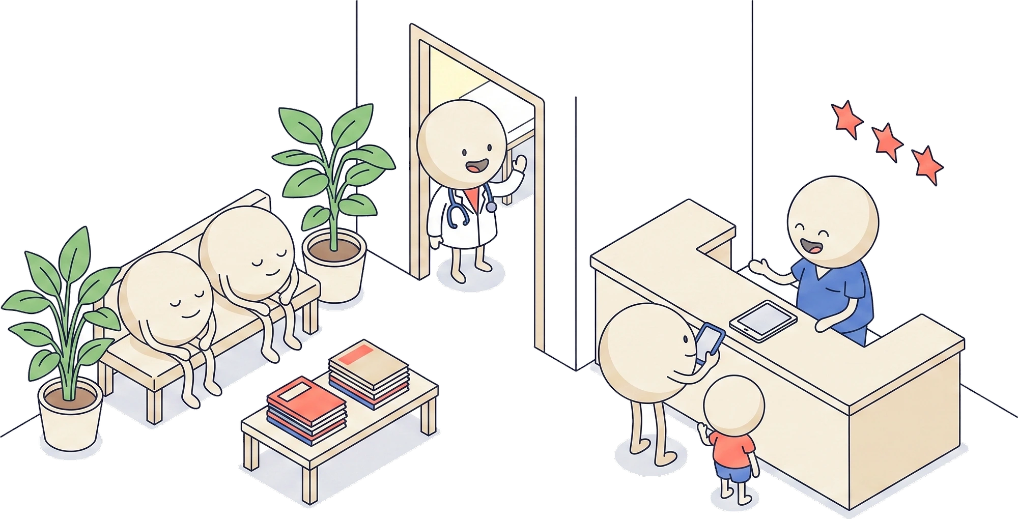 A clinic reception where a returning family is greeted by name and books the next appointment, patients waiting comfortably, a clinician waving from the treatment room.