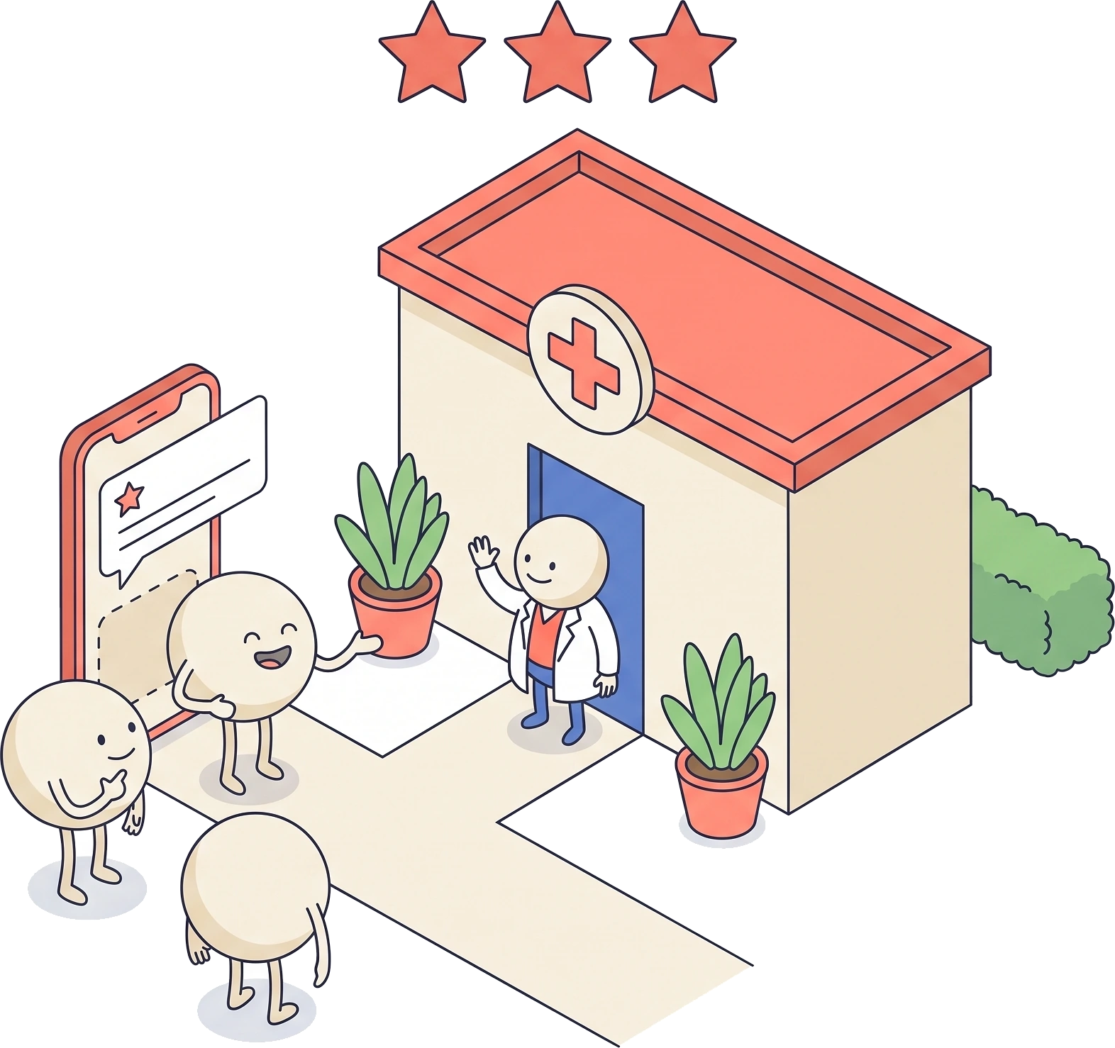 A patient recommending the practice to two friends, three stars above the clinic door.