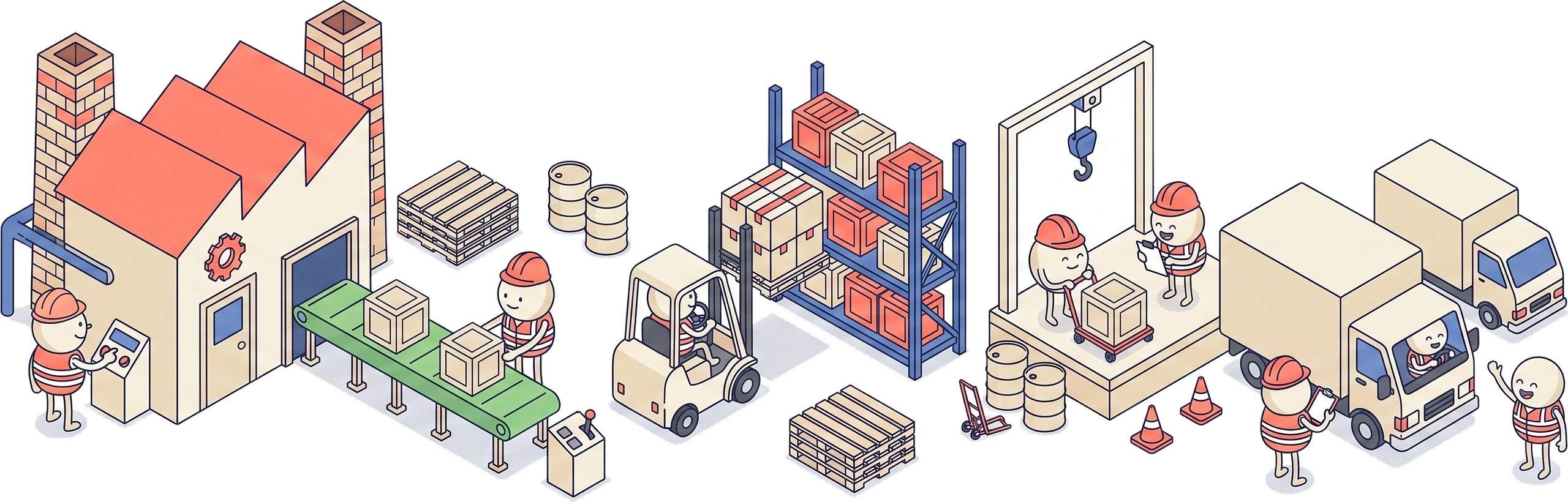 An industrial yard at work: factory unit, conveyor, forklift, warehouse shelving and a lorry being loaded at the dock.