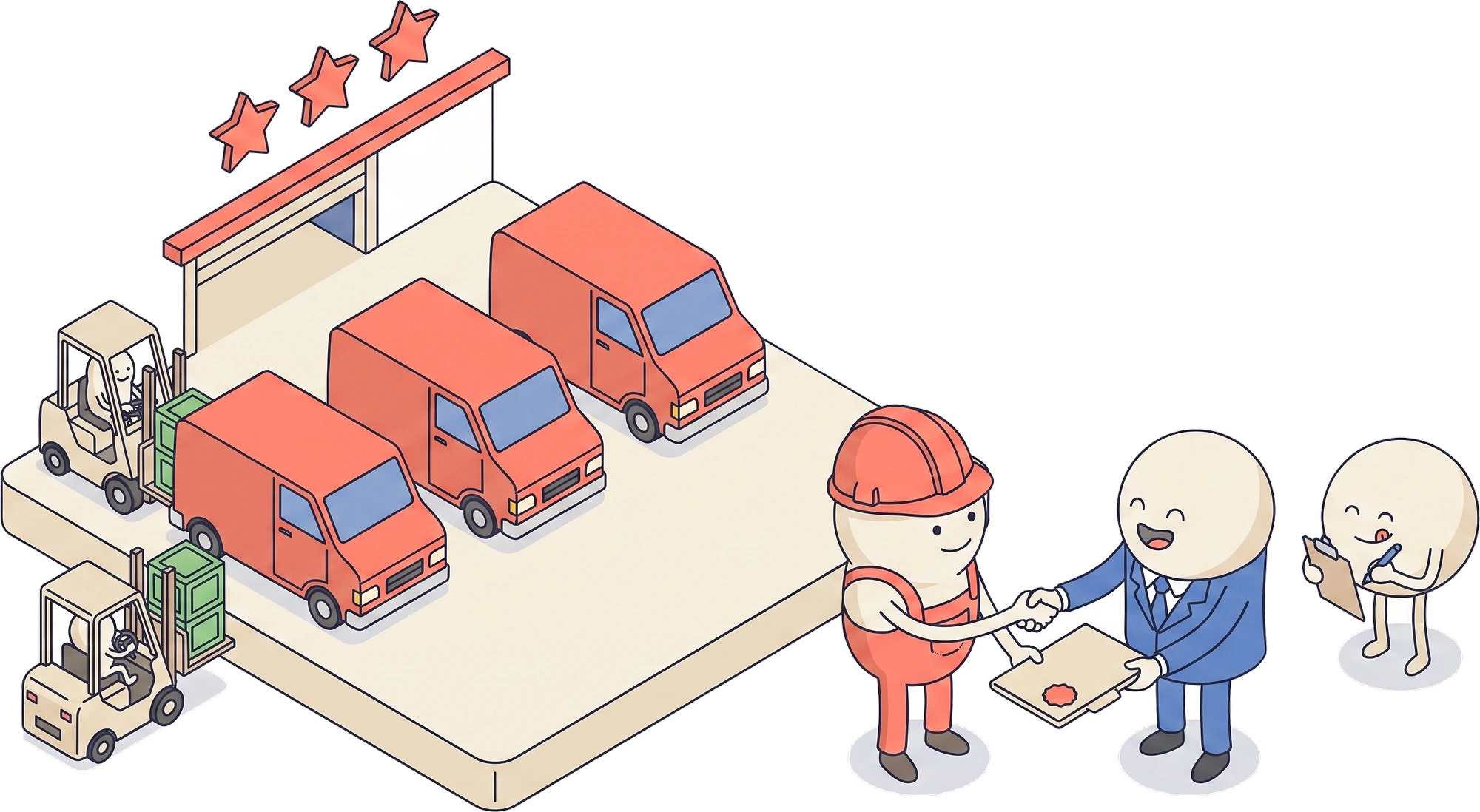 A handshake with a visiting buyer at the loading dock, three lorries lined up behind.