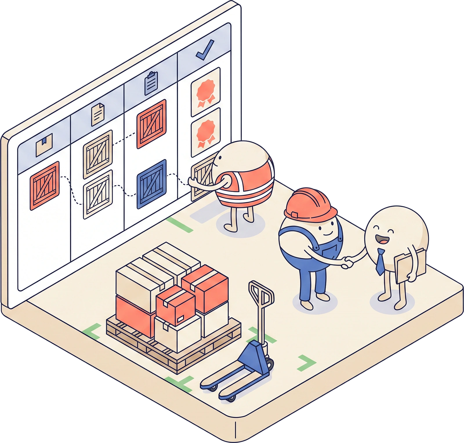 Crate-shaped deal cards moving across a pipeline board to a sealed handshake.