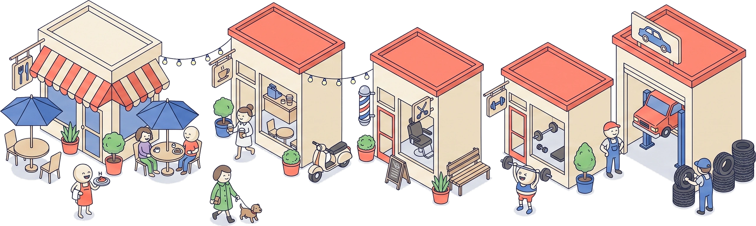A street of local businesses: a restaurant with pavement tables, a cafe, a barbershop, a gym and an auto shop, with staff and customers between them.