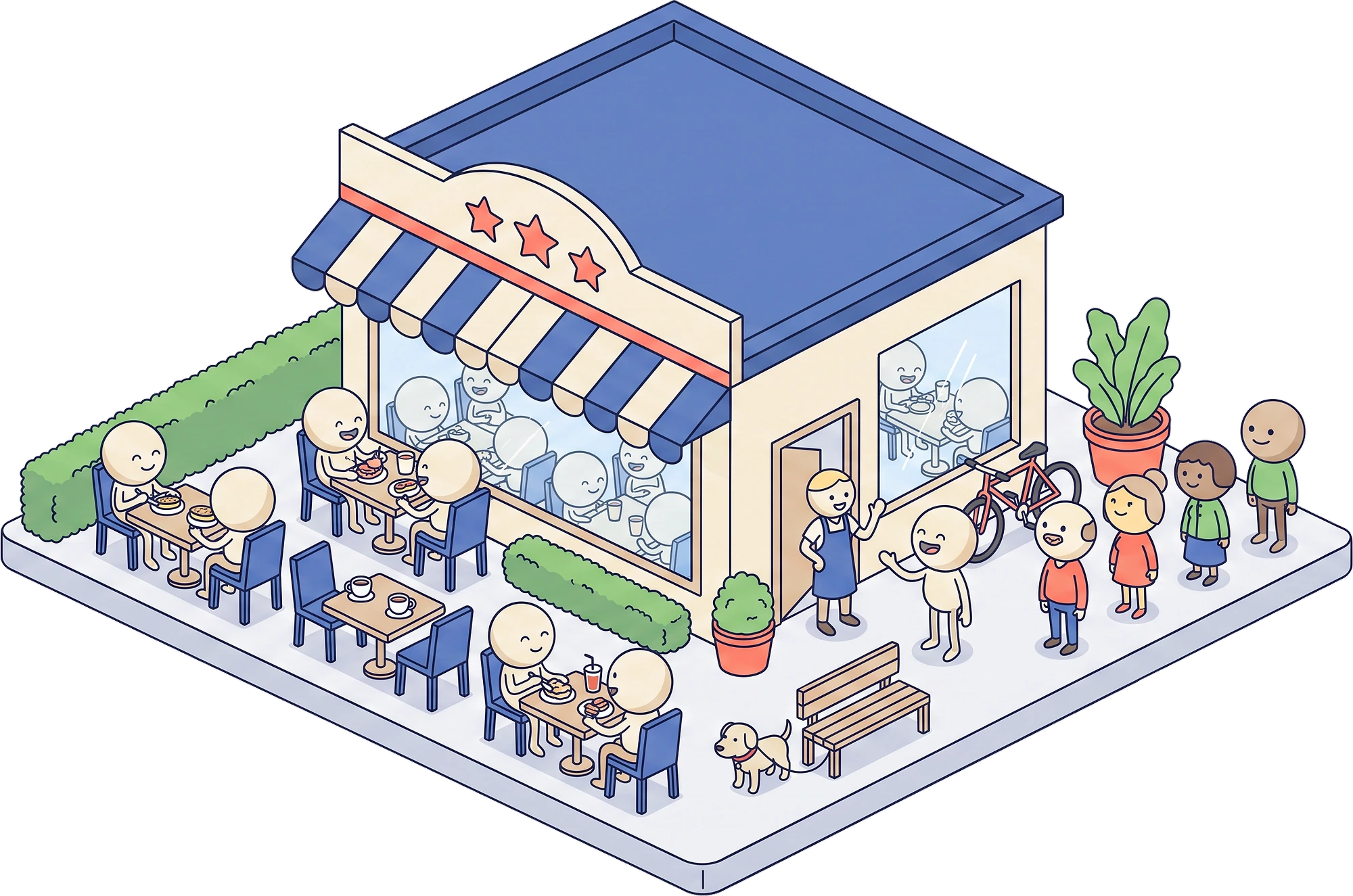 A corner cafe with every table taken, a regular greeted at the door, and a short queue outside under three stars.