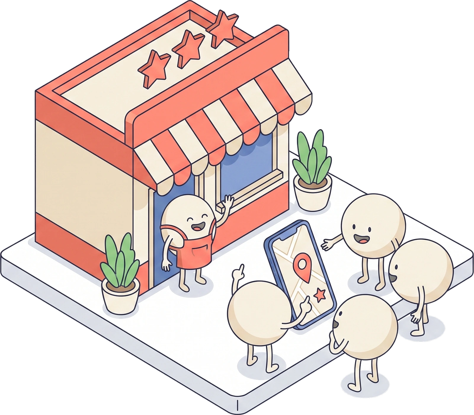 A customer showing two friends the shop on a map, the owner waving from the doorway.