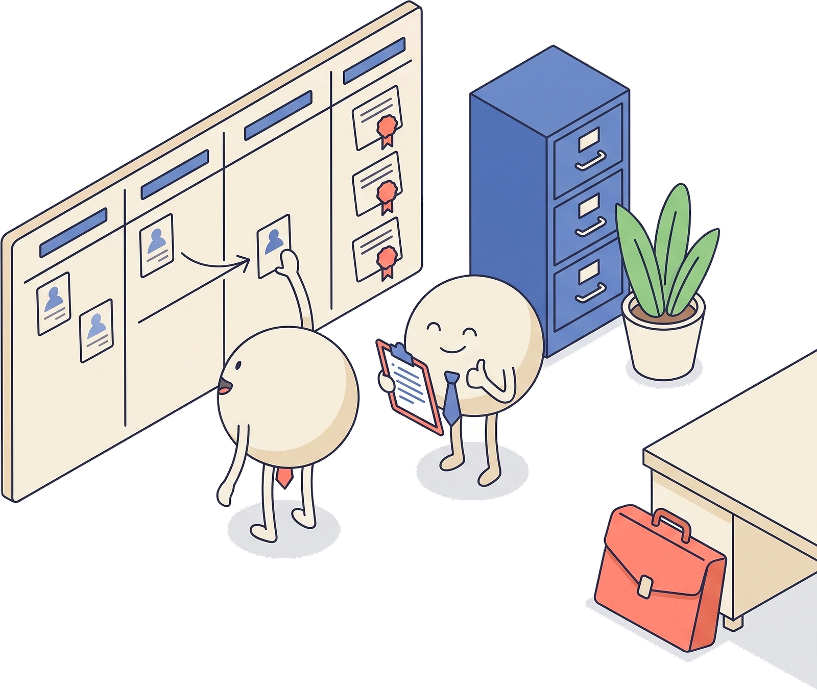 Two colleagues moving client cards across a four-stage pipeline board.