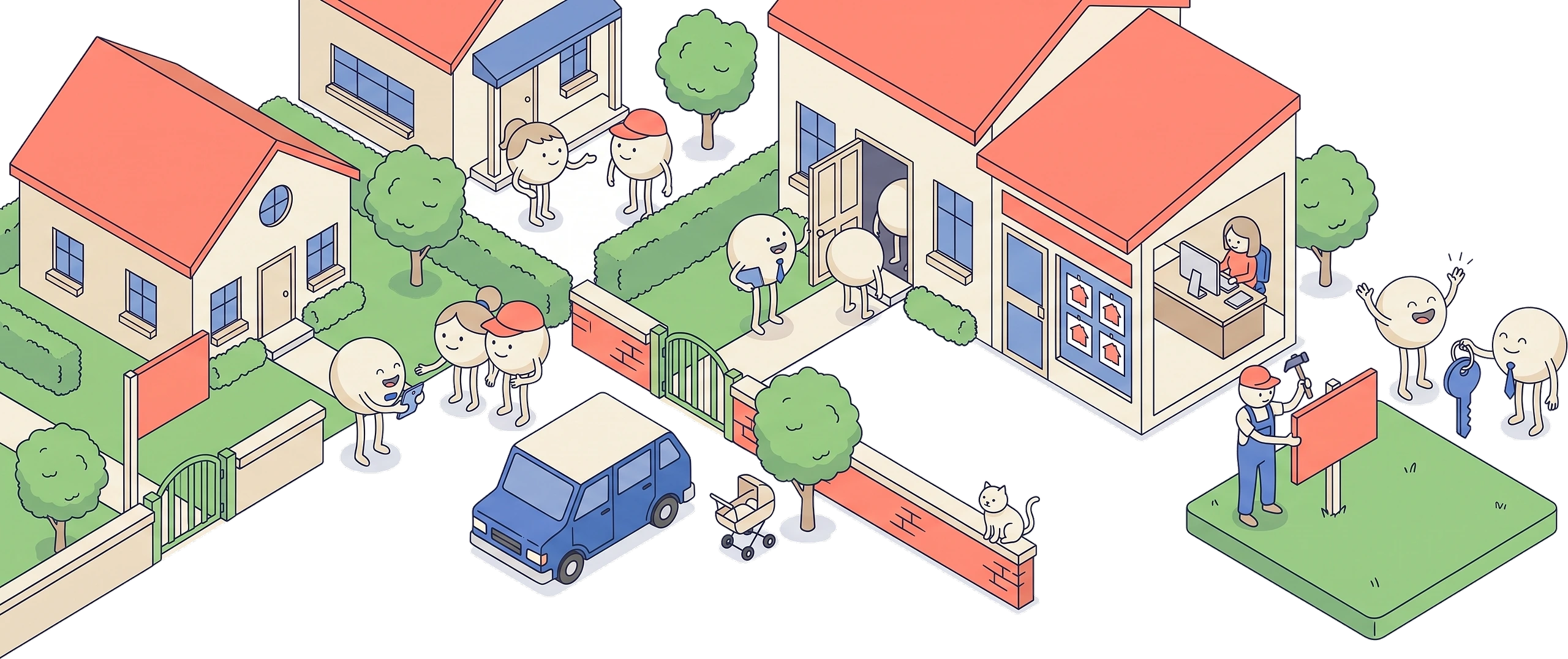 A residential street with for-sale boards, an agent showing a couple around, an open viewing and a sold sign going up.