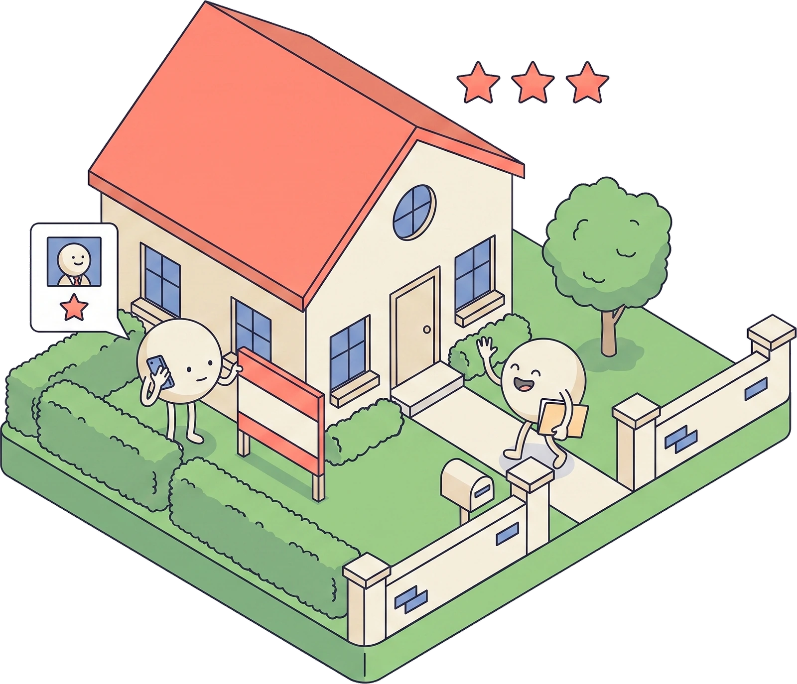 A homeowner phoning the agent whose card is on their screen, the agent already walking up the path.