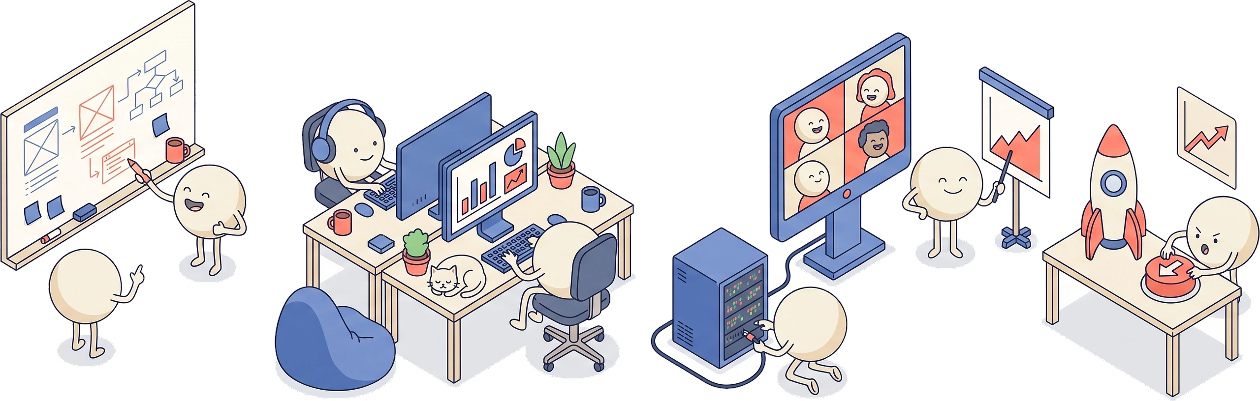A SaaS office at work: whiteboard wireframes, dashboards on monitors, a server rack, a video call, and a launch button being pressed.