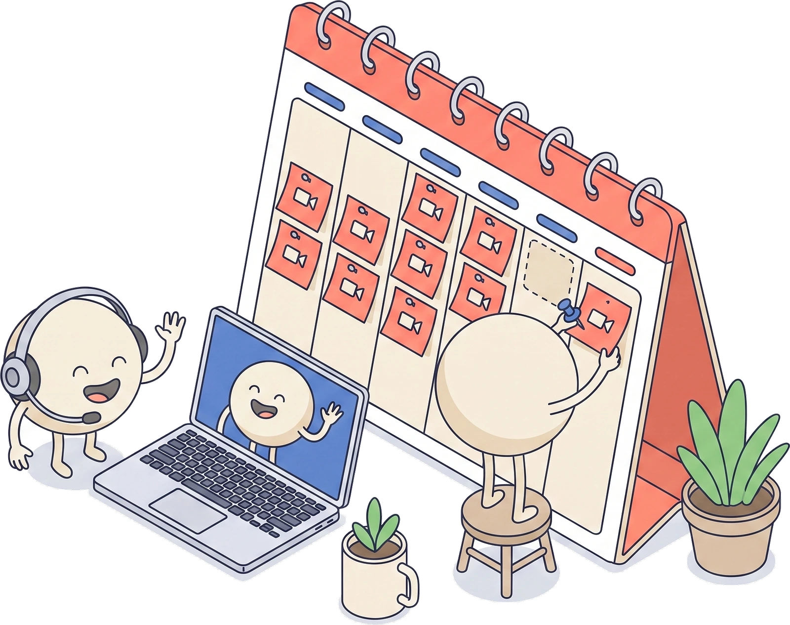 A weekly calendar filling with demo slots while one runs on the laptop.
