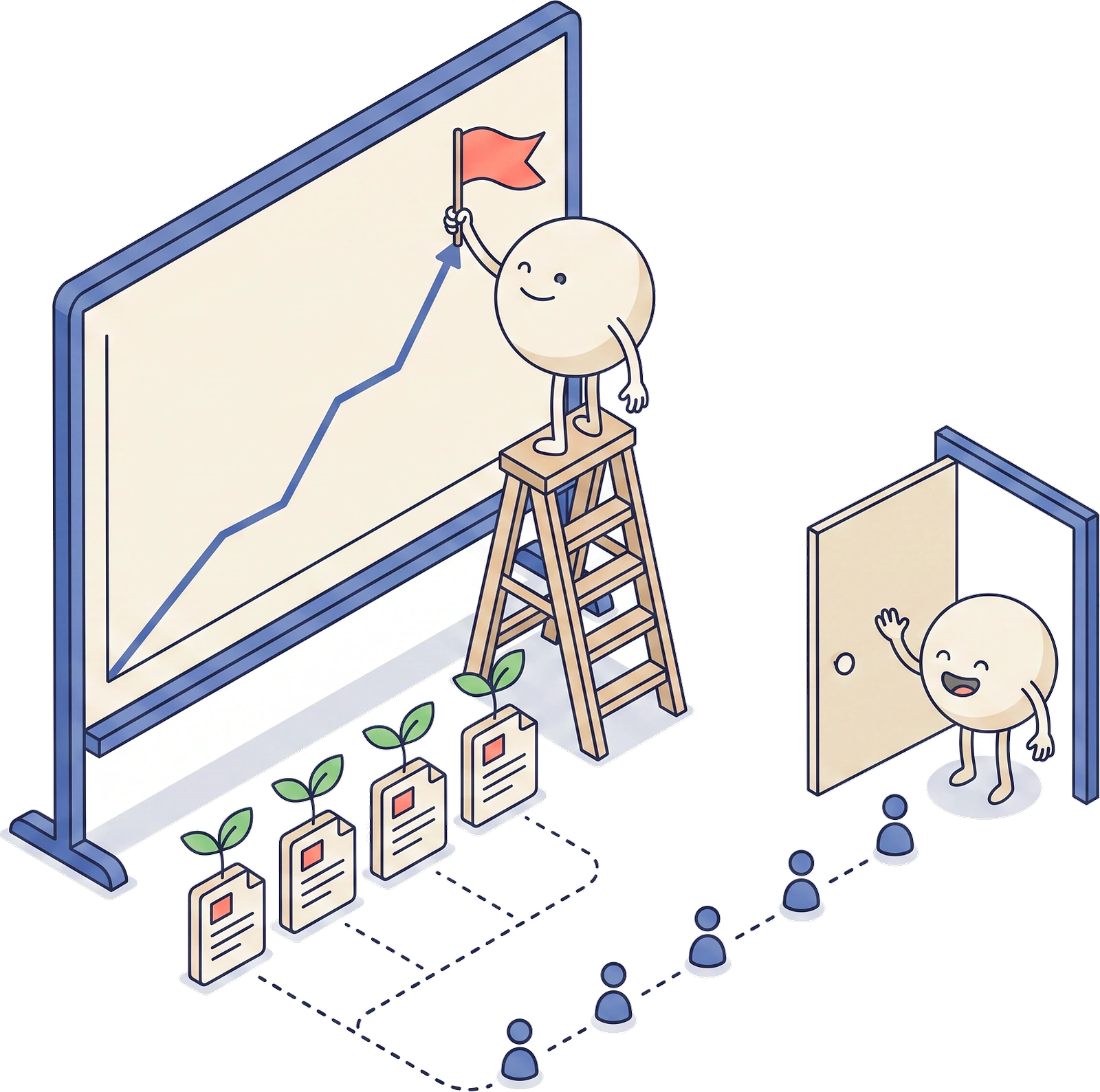 A stepped chart climbing as published pieces sprout and bring people to the door.
