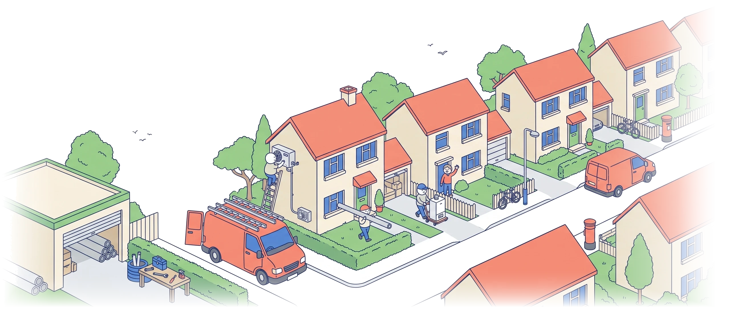 A residential street with a trade team at work: a van at the kerb, a ladder against a house, pipes being carried, a workshop at the end of the road.