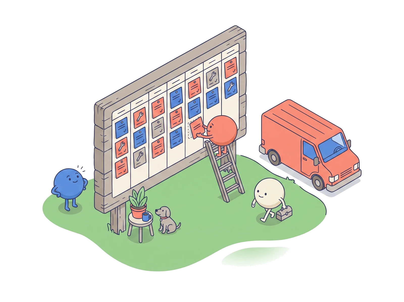 A job board with nearly every slot filled and the van ready to go.