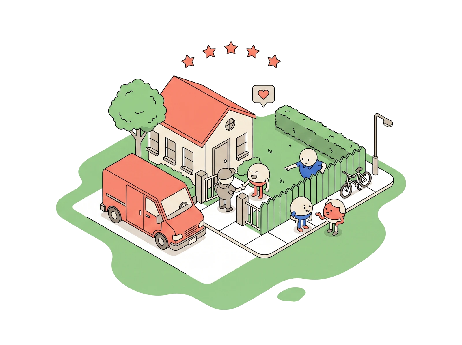 A handshake at the gate while neighbours look on, five stars above the house.