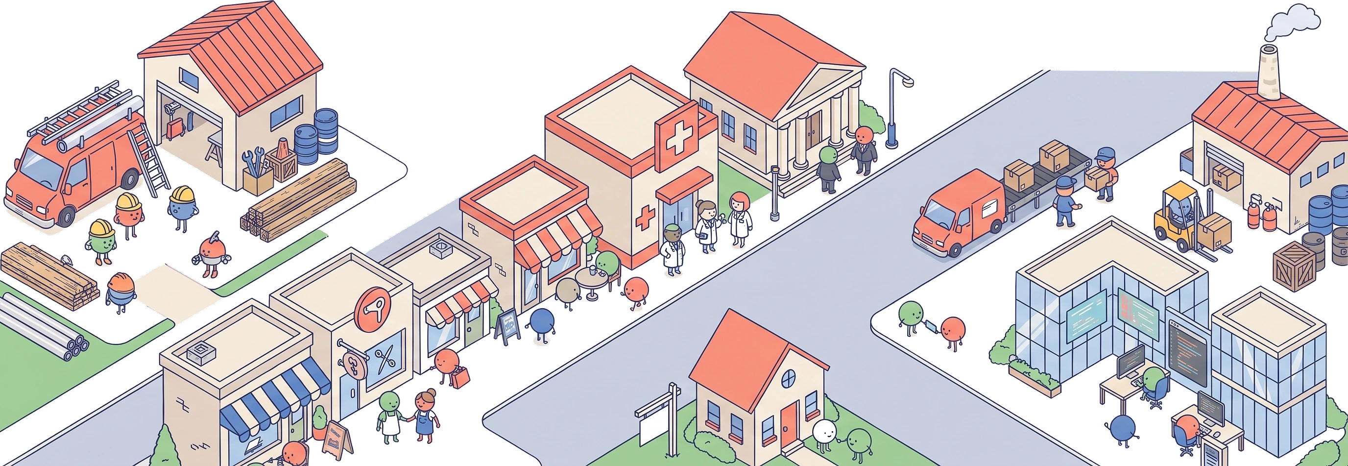 One main street holding every industry we serve: a trades yard, a restaurant row, a clinic, offices, an estate agent, a parcel depot, a tech studio and a factory, with people moving between them.