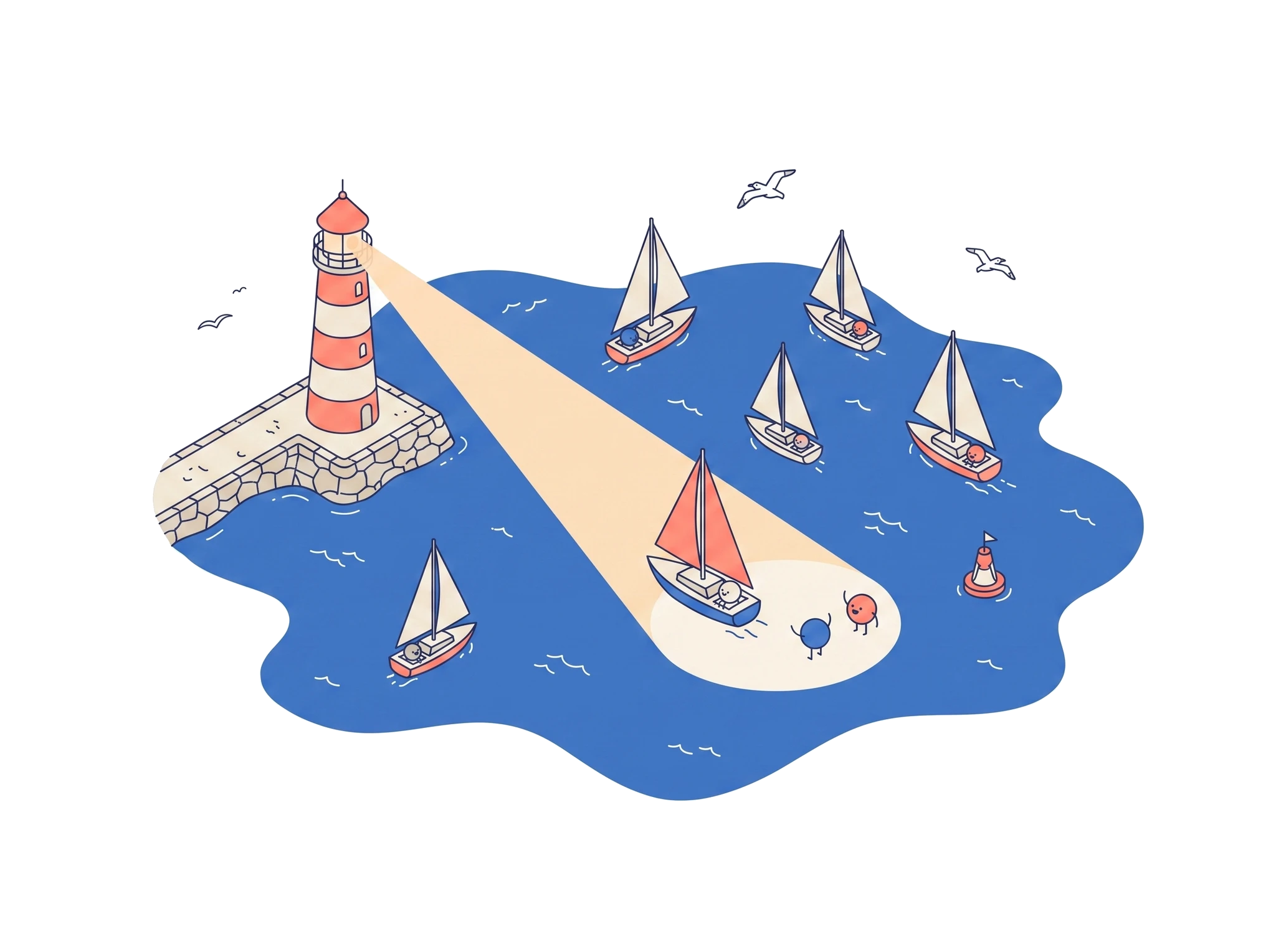 A bay of identical boats; the lighthouse beam falls on one.