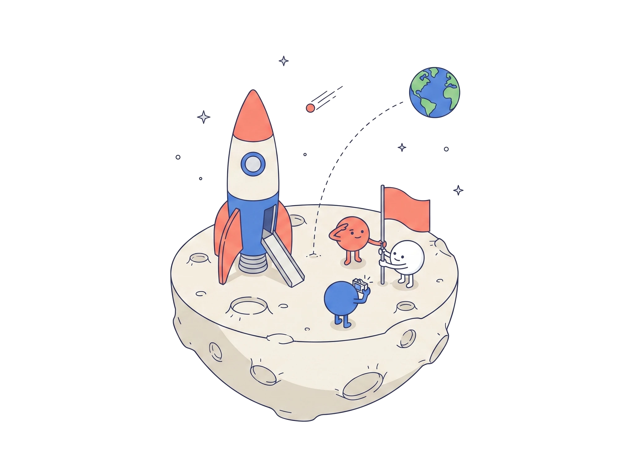 The team planting a flag on a small moon, the home world in the distance.
